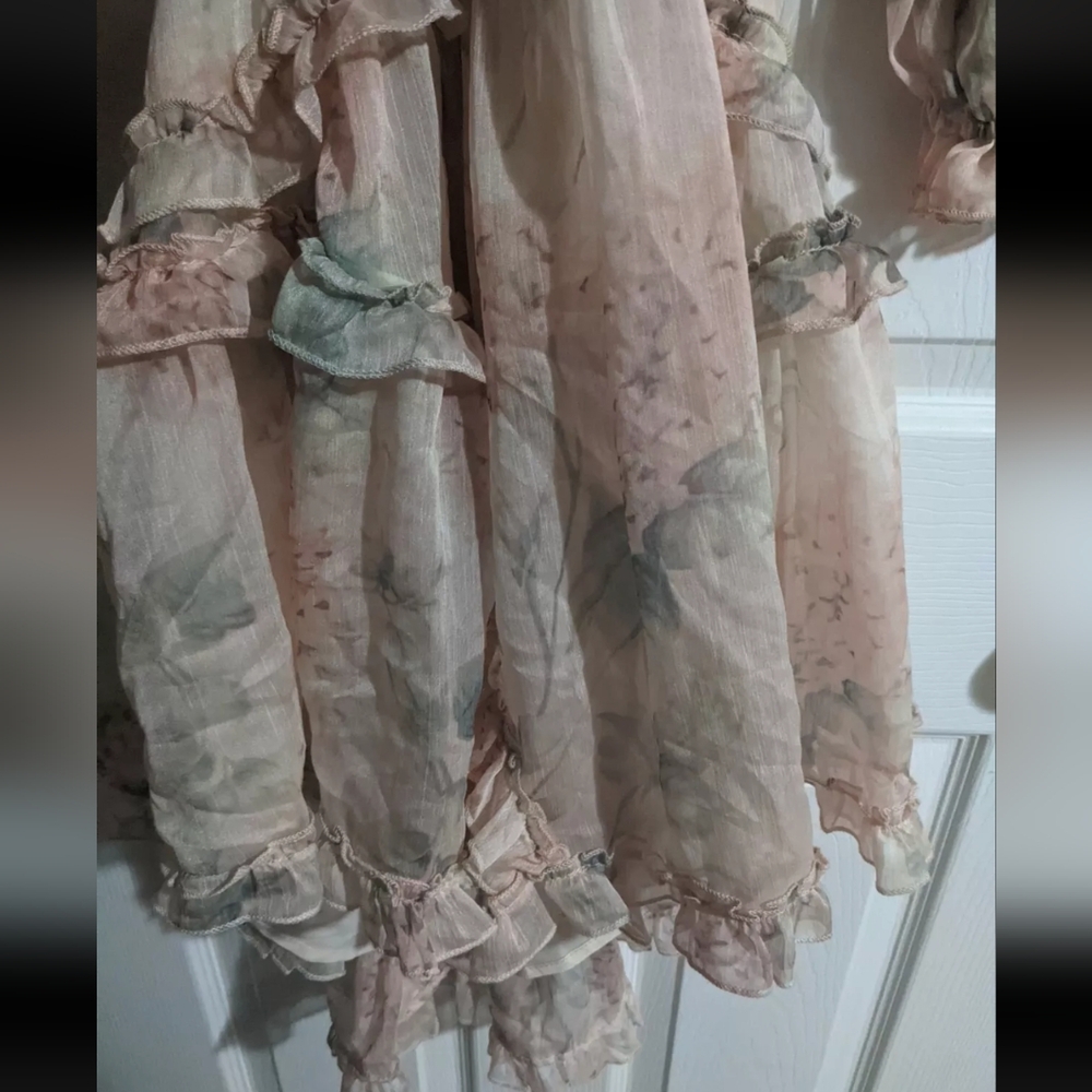 FINAL PRICE Peach Floral Print Dress XS V-Neck Long Slv Ruffly Cutout Lace Back - Picture 6 of 8